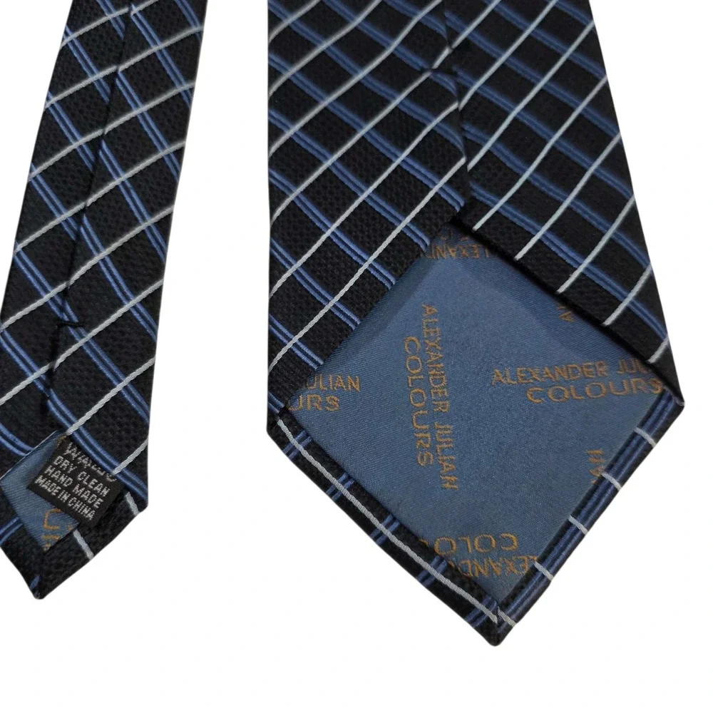 ALEXANDER‎ JULIAN Colours Mens Silk Blend Tie Black Blue Plaid Pattern Business